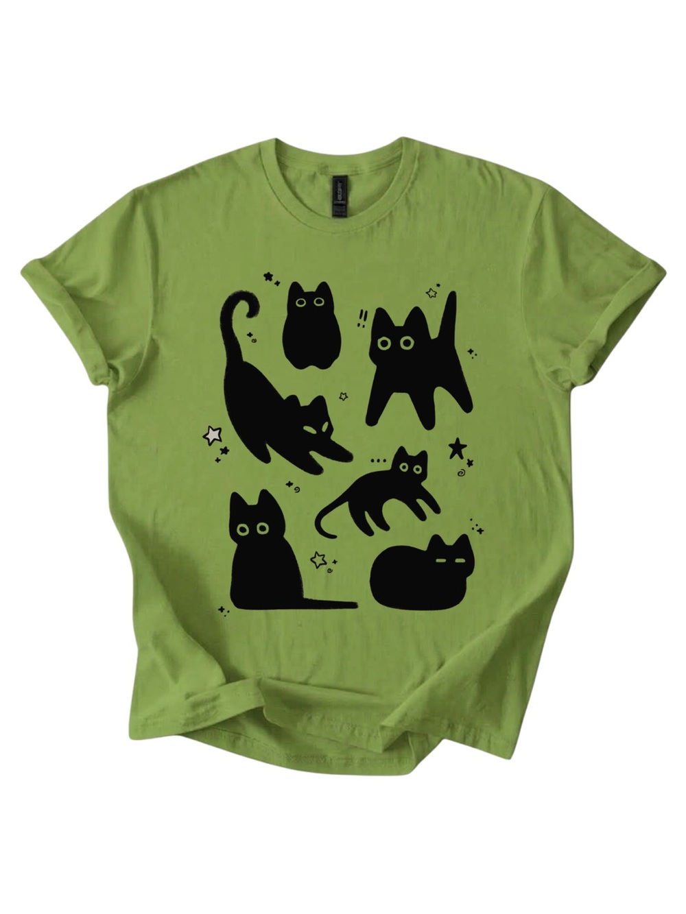 Gildan Green Tee with Playful Black Cat Silhouettes